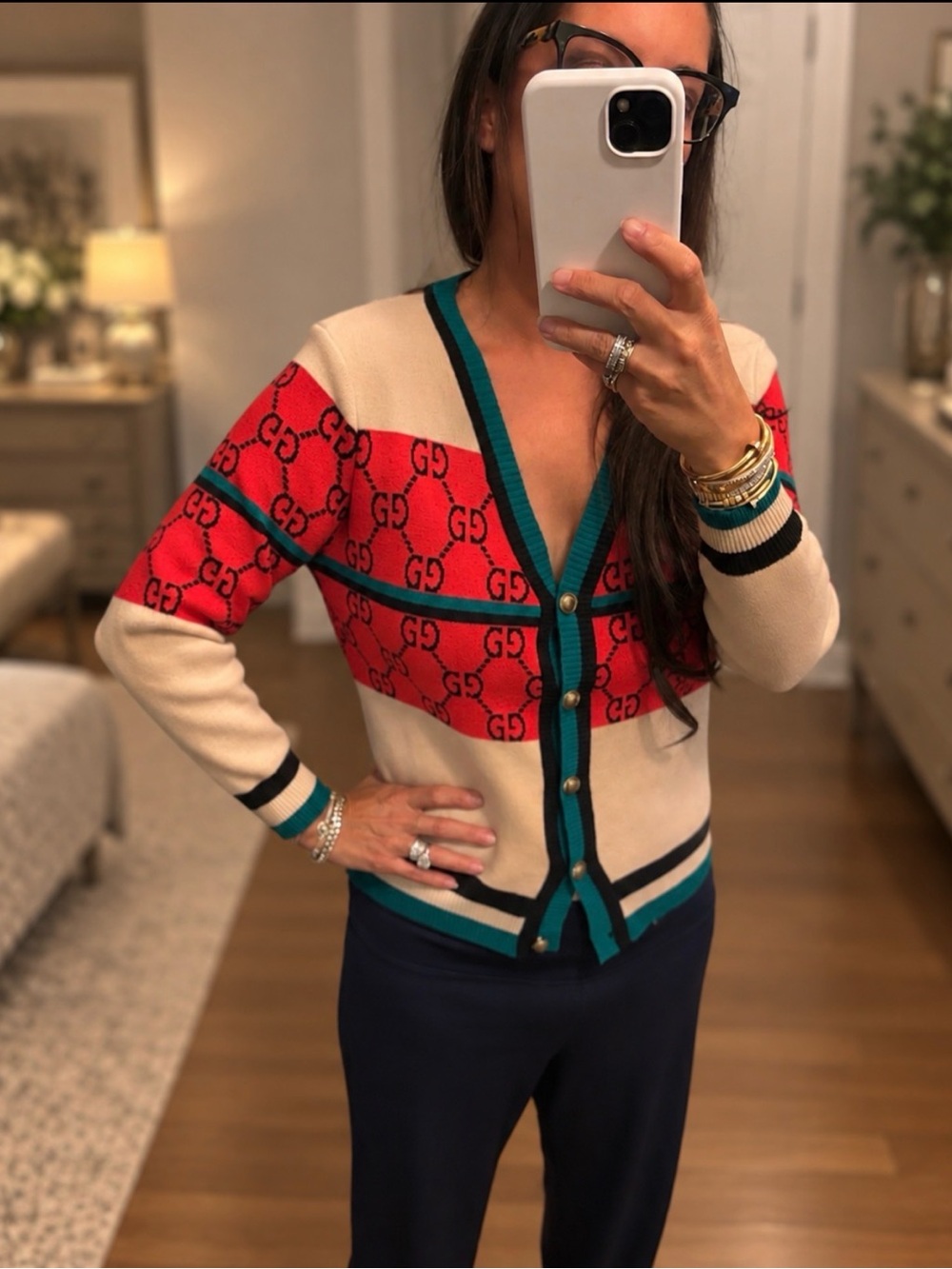 Gucci Cream & Red GG Stripe Cardigan with Green Trim